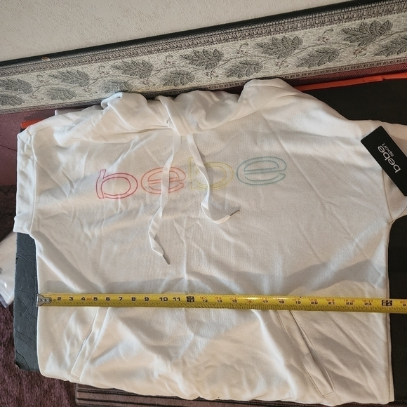 Bebe Neon Lites Logo Pullover Hoodie Sz 2X White Thumbholes NWT(2 tiny blk dots) - Picture 5 of 13